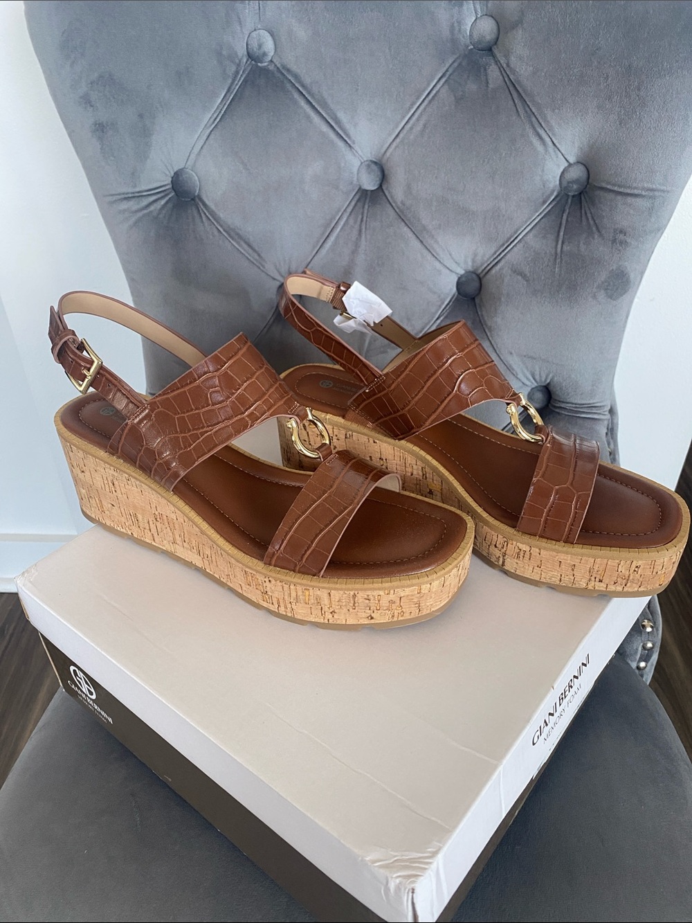 NWT Harper Brown Croc-Embossed Cork Platform Wedge Sandals
